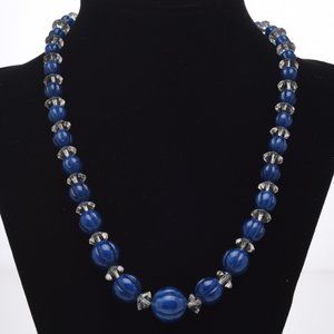 Regal Blue and Clear Crystal Bead Vintage Necklace